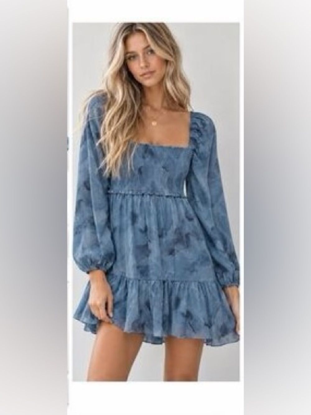 Wilfred Aritzia Tempest Smocked Long Sleeve Mini Dress Medium Blue Watercolor